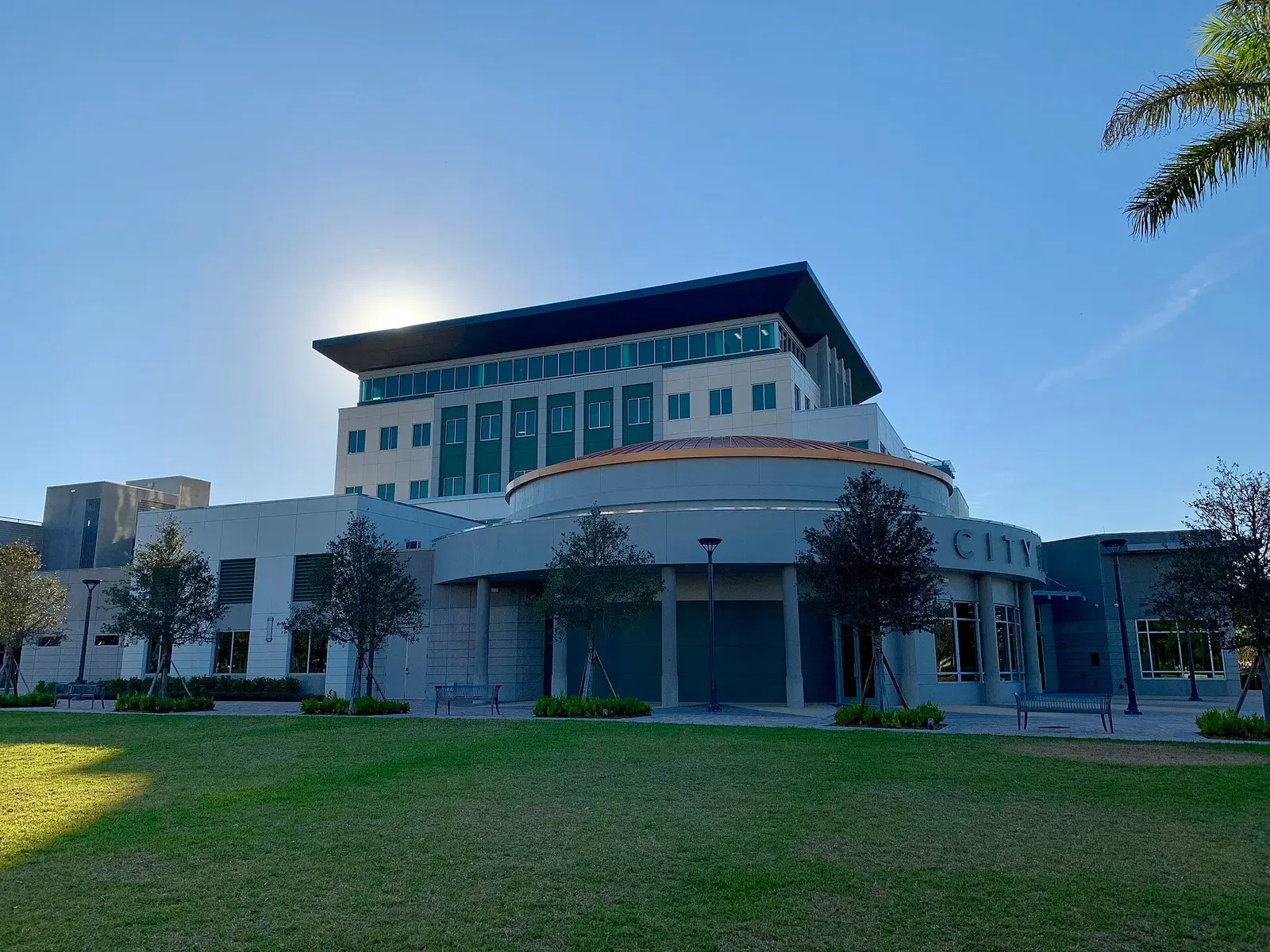 Coral Springs City Hall on West Sample Road, with its round copper-roofed entrance, Coral Springs, FL